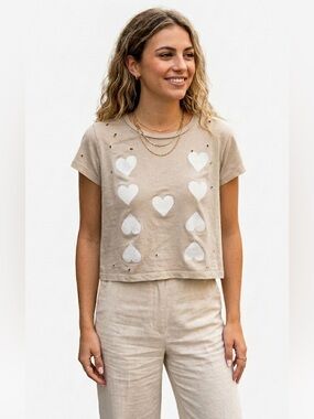 Wildfox Y2K Cotton Hearts Graphic Distressed Short Sleeve Crop Soft Stretch Top